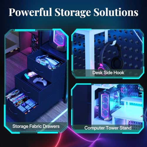 59" Reversible Gaming Desk with LED Lights Power Outlets