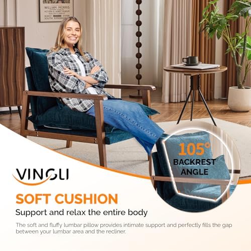 VINGLI Mid-Century Modern Cloud Accent Armchair with Lumbar Pillow, 6.3'' Thick Seat Cushion Comfortable Reading Chair with Wooden Armrests,Boho Lounge Chair for Bedroom, Living Room, Chenille, Teal