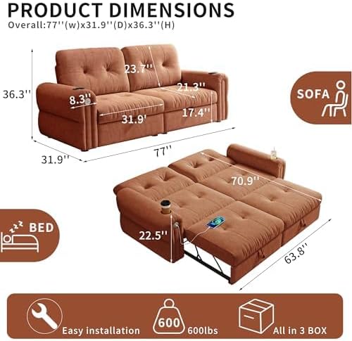 Convertible Couches, Queen Size Pull Out Sofa Bed with USB Charging Port and Cup Holders, Chenille Fabric Convertible Sofa Bed for Small Space, Living Room, Apartment, Guest Room, Orange