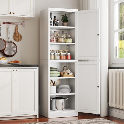 67" Tall Narrow Metal Storage Cabinet with Lock, Locking File Cabinet with 4 Adjustable Shelves and 2 Doors, Steel Locker Cabinets for Bathroom, Kitchen, Home Office, School(White)
