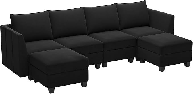 Belffin Modular Sectional Sofa U Shaped Couch with Storage Velvet Sectional Couch for Living Room Black