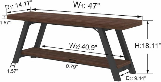 LVB Wood Entryway Bench, Industrial Metal Indoor Shoe Rack, Wooden Storage Bench for Bedroom, Farmhouse Hallway Seating, Walnut, 47 Inch