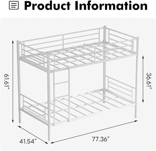 Bunk Bed Twin Over Twin, Metal Bunk Bed with Front Ladder and Safety Guardrail, Space-Saving Twin Bunk Beds for Kids, Teens & Adults, No Box Spring (Front Laddder, White)