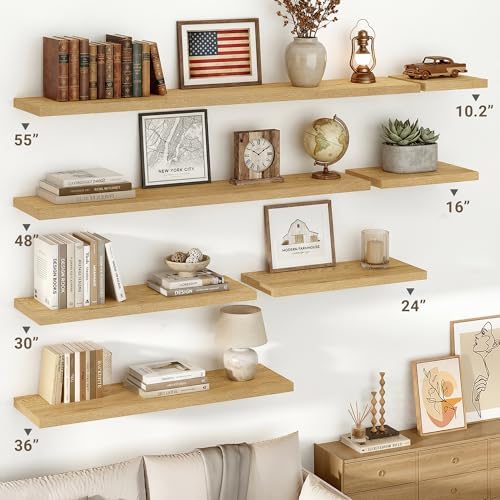 10 Inch Deep Floating Shelves for Wall 55” Set of 2, Oak