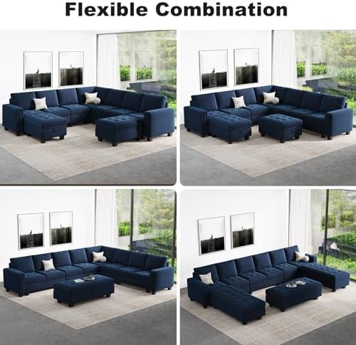 Belffin Modular Sectional Sofa L Shaped Couch with Reversible Chaises 6-Seater Convertible Sectional Sofa Couch Velvet Corner Sofa Blue