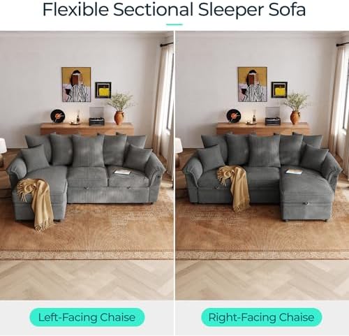 LINSY HOME Sectional Couch with Pull Out Bed, Large Corduroy Modular Sleeper Sofa, Storage Chaise, Wide Armrest, 90" 3 Seats Sectional Couch for Living Room, Dark Grey