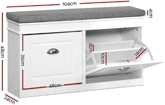 Artiss Shoe Storage Bench, White Shoe Bench with 2 Flip Drawers Cabinet Rack Organiser Drawer Organizer Holder Display Closet Stand Furniture, for Home Living Room Hallway Entryway Front Door Entrance