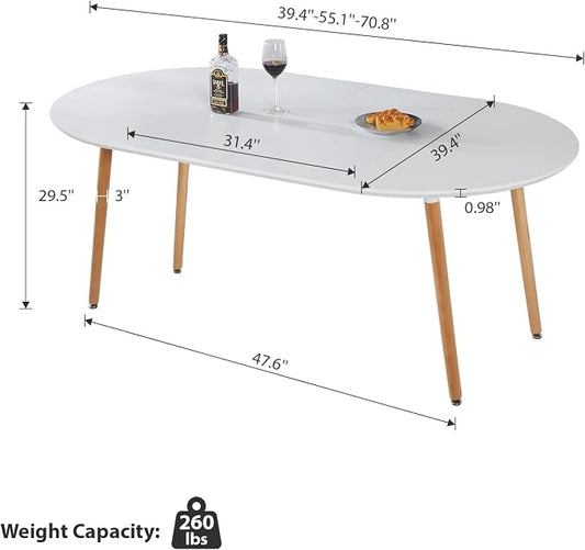 Extendable Round Dining Table for 4 6 Wooden Dining Room Table 39" to 70" Modern Kitchen Table for Dining Room Office Expandable Oval Dinner Table with MDF Top and Wood Legs White