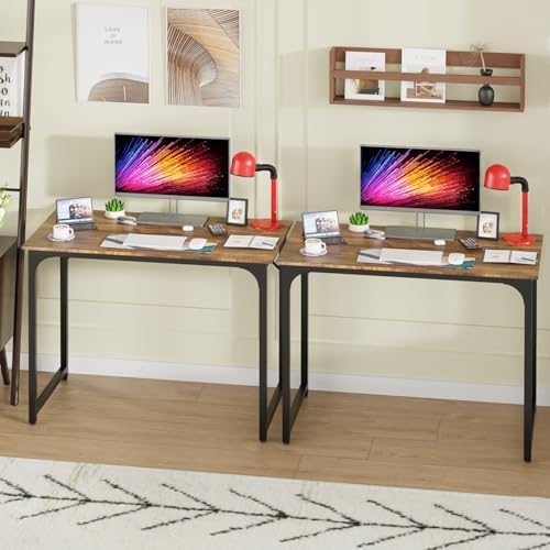 PayLessHere | 39 Inch Computer Desk | Brown | Office Desk with Metal Frame, Adjustable Feet | Water-Resistant, Scratchproof Surface | Sturdy Writing Table for Home Office or Study | Pack of 2