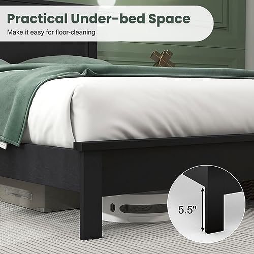 GIANTEX Wood Queen Platform Bed Frame with Headboard, Mid Century Bed Frame with Solid Wood Legs & Wooden Slat Support, Pallet Bed Mattress Foundation, No Box Spring Needed, Black