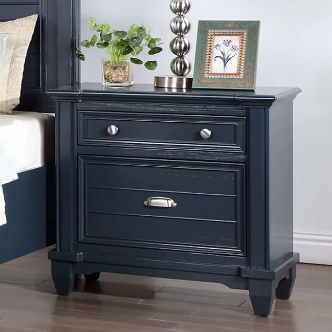 First of a Kind Queen Size Transitional Bedroom Furniture 5 Piece Set in Slate Blue - Panel Headboard Molding Footboard Drawers, Dual Nightstands, Bed, Dresser, Mirror & Storage Chest