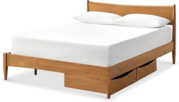 mopio Retrovie Mid-Century Modern King Bed Frame – Solid Wood Legs, LVL Slat System, No Box Spring Needed, Supports 661 lbs, Easy Assembly (Walnut, 2 Drawers)