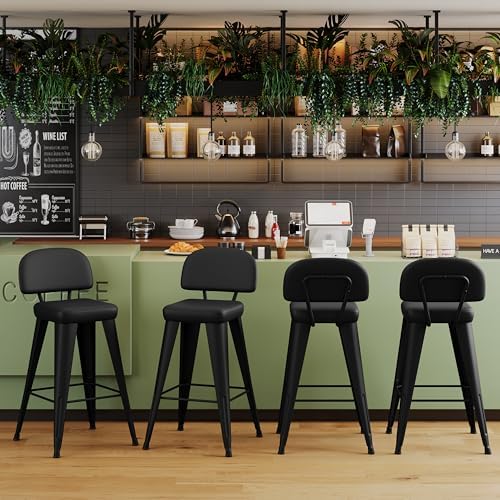Aklaus PU Leather Metal Bar Stools 26 inch Faux Leather Counter Height Barstools Set of 4 Modern Farmhouse Bar Chairs with High Back and Faux Leather Seat for Kitchen Island Dining Room Matte Black
