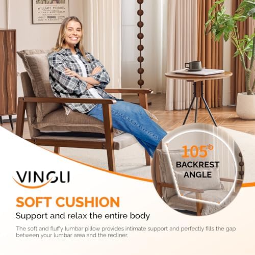 VINGLI Mid-Century Modern Cloud Accent Armchair with Lumbar Pillow, 6.3'' Thick Seat Cushion Comfortable Reading Chair with Wooden Armrests,Boho Lounge Chair for Bedroom, Living Room, Chenille, Khaki