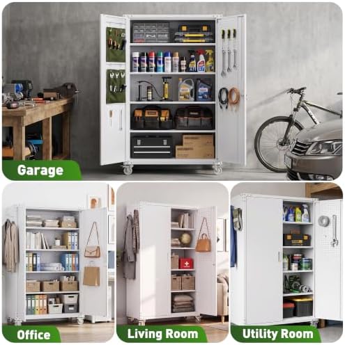 Wider&Deepr Metal Garage Storage Cabinet with Wheels and Tool Pouches,White