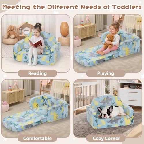 Extra Wide Kids Couch, 2-in-1 Soft Toddler Couch with Blanket, Glow in The Dark, Comfy Toddler Chair with Cloud Pillow, Convertible Sofa, Dinosaur
