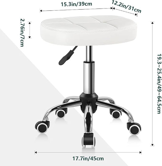BFTOU White 6-Square Lattice PU Swivel Stool with Wheel for Work SPA Shop Massage Height-Adjustable and Cost-Effective Rolling Stool Chair