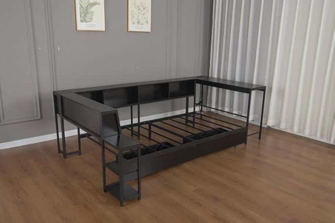 Bellemave Full Corner Bed Frame with Desk and Storage, Full Size Captains Bed with Charging Station and LED Light, Wood Daybeds with L-Shaped Bookcase and 2 Drawers, Black
