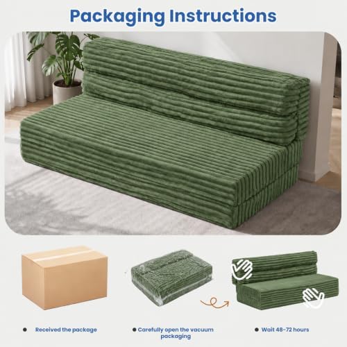 Erament Tri-Fold Futon Sofa Bed, 6 Inch Foldable Floor Couch, High-Density Foam Convertible Sleeper Sofa with Removable Washable Corduroy Cover, Portable Floor Mattress for Living Room (Green, Full)