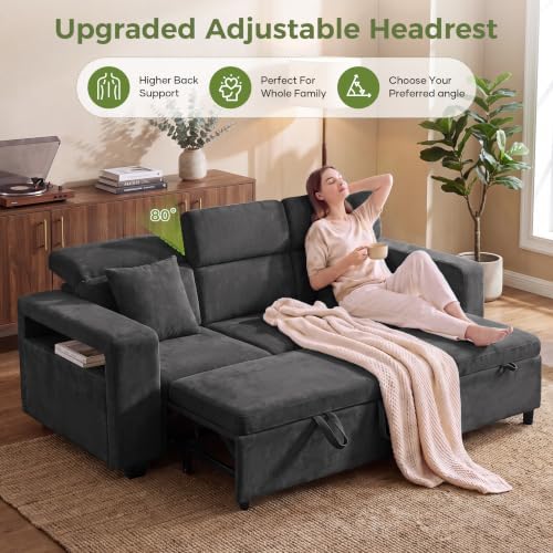 87" Modular Sectional Sofa with Pull Out Bed, Sectional Sleeper Sofa with Adjustable Headrest, Hidden Cup Holder, Storage Arm & Chaise, 4-Seater L Shaped Convertible Couch Bed for Living Room, Grey