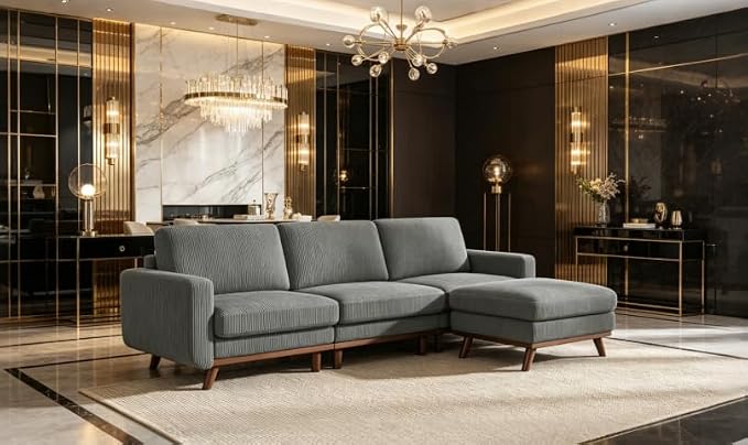 L-Shaped Sectional Sofa, 3-Seater Convertible Couch with Ottoman, FSC Certified Solid Wood Frame, Spring Cushions, Curved Armrests, Comfort Corduroy Sofa for Living Room, Apartment, Office, Dark Gray