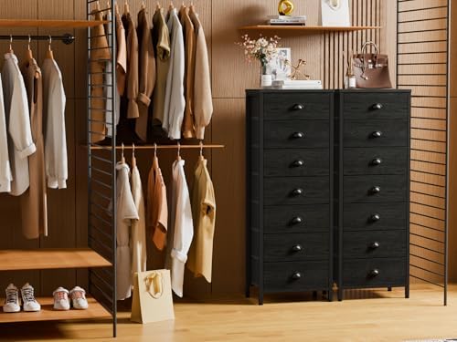 Black Bedroom Dresser, Tall Chests of Drawers with 7 Fabric Bins
