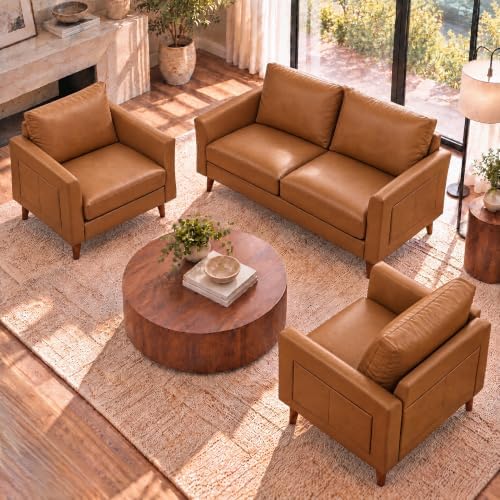 Faux Leather 3 Seater and 2 Armchair with Side Pocket,Honey Brown