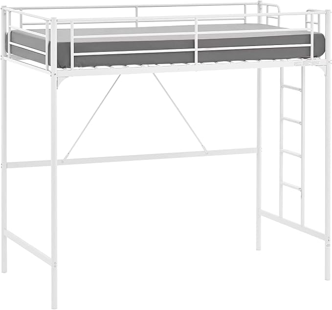 VINGLI Loft Bed Twin for Kids Loft Bunk Bed Frame with Stairs/Flat Ladder Rung,Metal Single Loft for Adults, No Box Spring Required, White