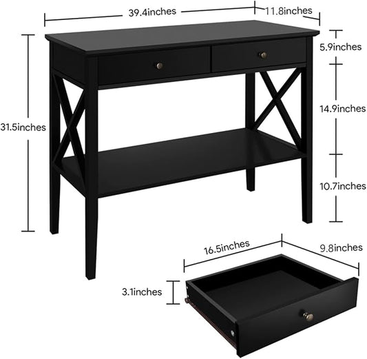 ChooChoo Console Table with Drawers, Narrow Wood Accent Sofa Table Entryway Table with Storage Shelf for Entryway, Front Hall, Hallway, Living Room, Black