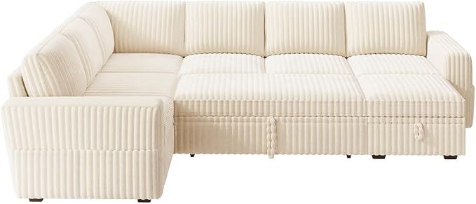 HONBAY Modular Sectional Sleeper Sofa with Pull Out Bed,Corduroy U Shaped Couch with Storage, Sectional Couches for Living Room,Beige