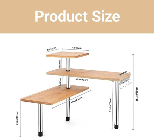 3-Tier Corner Shelf, Bamboo & Metal Storage Rack with Hooks, Adjustable Countertop Organizer for Kitchen, Bathroom, Bedroom or Office