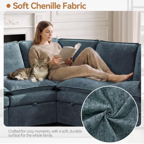 Modular Sectional Storage Sofa, 105" Cloud Deep Seat V-Shaped Couch, Blue