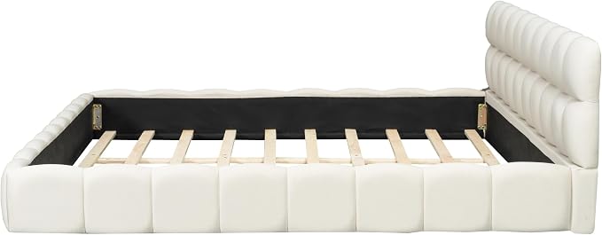 King Size Upholstered Platform Bed with Thick Fabric,Low Wood Grounded Bed W/Headboard & Footboard,Slat Support,No Box Spring Needed, Easy Assemble,Beige