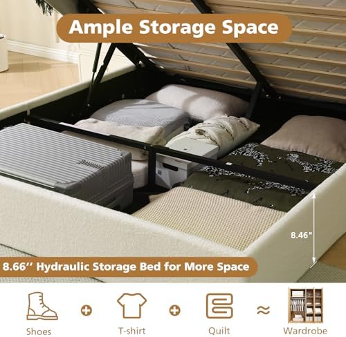 VELOCAVA Queen Size Lift-Up Storage Bed, Upholstered Boucle Bed with Curved Headboard, Rounded Corners, Sturdy Wooden Slat Support, No Box Spring Needed, Easy Assembly, Cream White