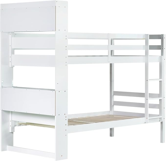 Twin Over Twin Bunk Bed with Storage Bookcase Headboard for Kids Boys Girls Teens, Rubber Wood Bunk Beds Frame with Storage Shelves, Can Be Separated into 2 Platform Beds, White