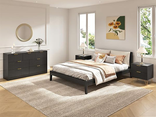 7 Drawer Dresser and Nightstand Sets, 3 Pcs Bedroom Set for Bedroom, Fluted Night Stand Set of 2 & 55" Wide Dresser w/Gold Handles, Modern Wood Chest of Drawers Storage Cabinet Set, Black