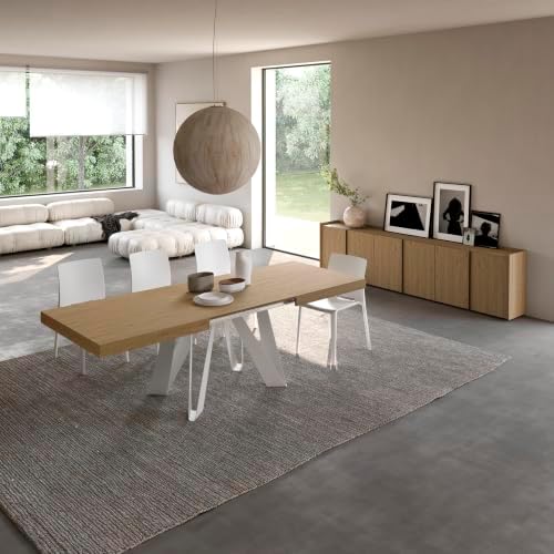 Mobili Fiver, Romina Extendable Table 55.1(86.6) x35.4 in, Light Oak with White Iron Legs, Made in Italy