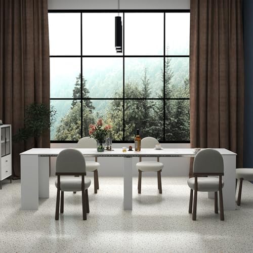 Extendable Dining Room Table for up to 12 People 20-119 inch White Marble