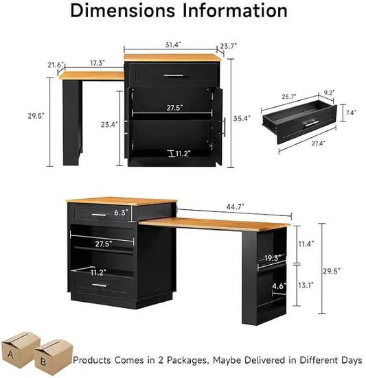 ONBRILL 76" Kitchen Islands with Extendable Dining Table, 2-4 Island Table with Double-Side Storage, Mobile Storage Islands Cart with Power Outlet & Spice Rack, Black