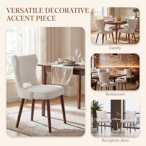 Wooden Dining Chairs Set of 6, Mid Century Dining Room Chairs with Solid Wood Legs, Upholstered Fabric Kitchen Chairs with Ergonomic Curved Backrest for Kitchen Dining Room, Beige