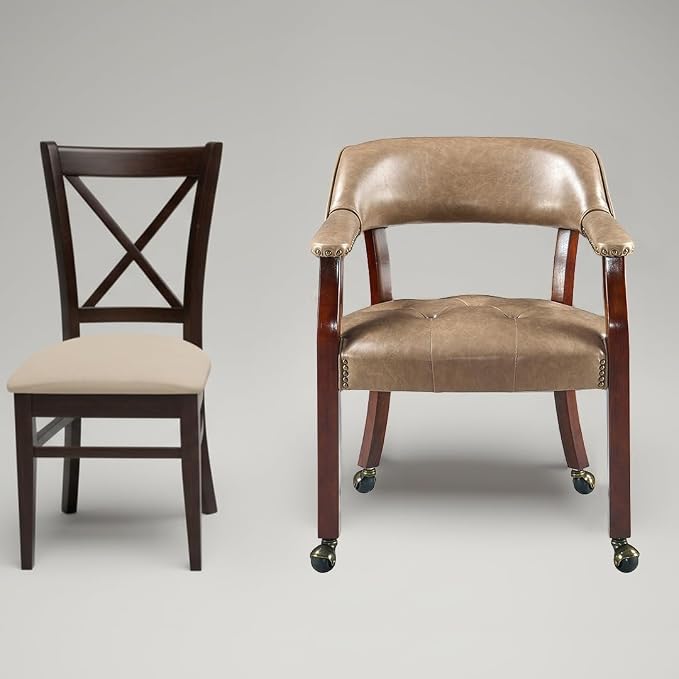 LEEMTORIG Set of 6 Large Dining Chairs with Casters and Arms, Rolling Dining Chairs with Wheels, Accent Game Poker Table Chairs, 26“Dx25.2 Wx31.5“H, Cherry Legs & Yellowish Brown PU SY-1533-PMB06
