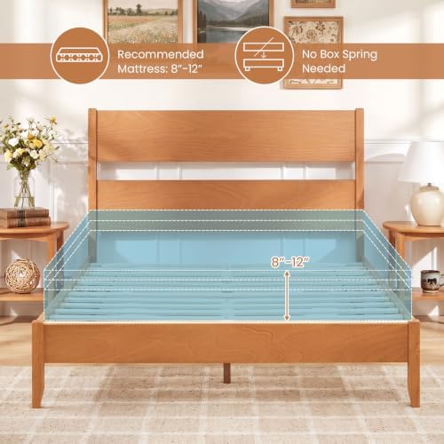 GIANTEX Queen Size Wooden Bed Frame with Slatted Headboard (Warm Brown)