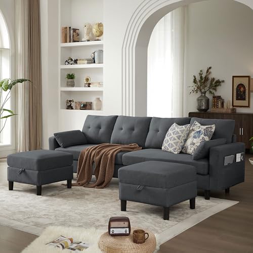 Convertible Sectional Sofa Couch, 101" U Shaped Couch with Storage Chaise and Side Pocket, Modern Polyester 4-Seat Reversible Sofa Set for Living Room, Dark Grey