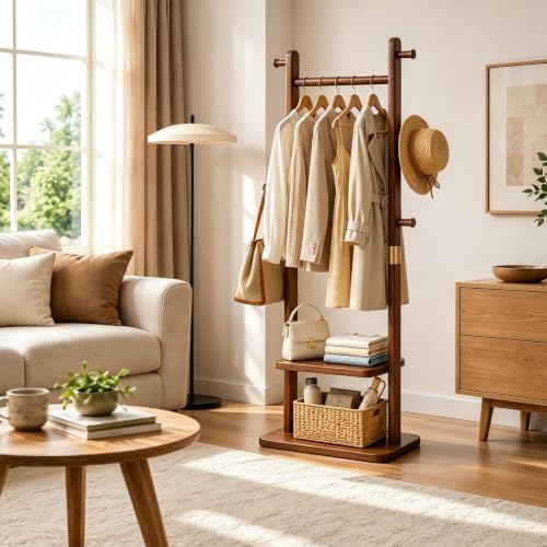 Solid Wood Coat Rack, Freestanding Clothing Rack with 2 Shelves Storage & 5 Hooks, Heavy Duty Clothes Rack Stand for Hall, Bedroom, Living Room
