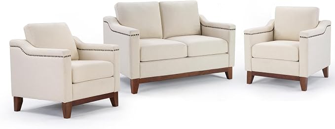 HAOMARKETS 3 Piece Fabric Sofa Set with Nailhead Trim, Included Fabric Accent Chair Set of 2 with Thicked Cushion, Upholstered Loveseat with Solid Wood Legs, Living Room Furniture Set,Beige