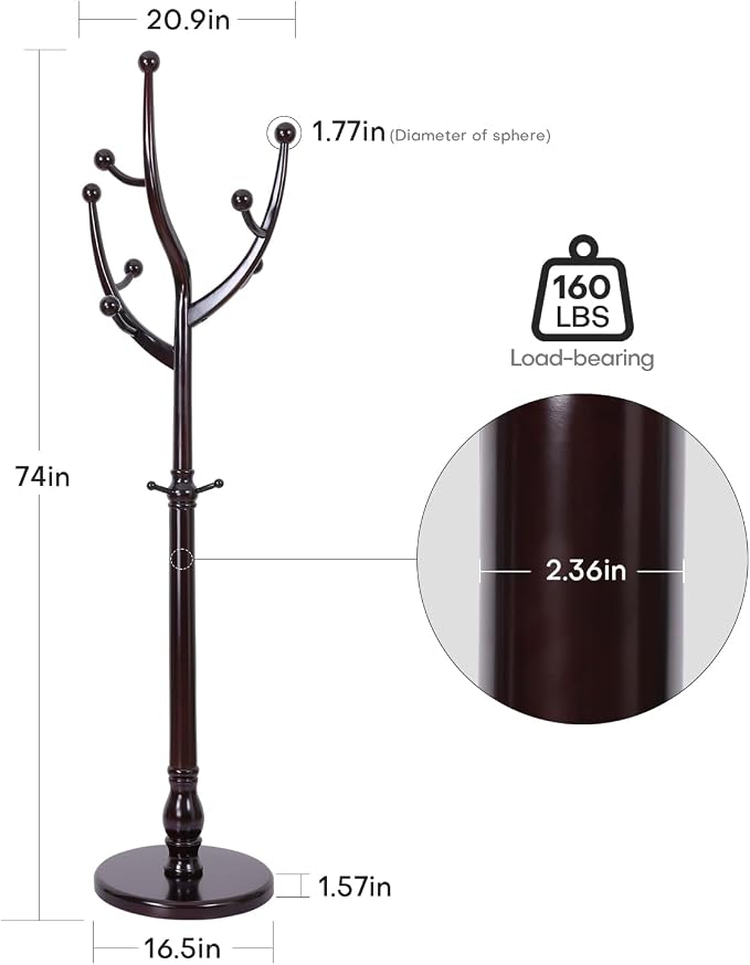 Bekrvio Tree Coat Rack Freestanding with Round Base, Red Brown | Unique Coat Hanger Stand, Heavy Duty Standing Coat Rack, For Jacket, Hat, Bags For Entryway / Hallway / Bedroom
