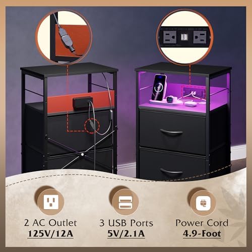 WLIVE Night Stand with Charging Station, Black LED 3 Drawers Bedside Table