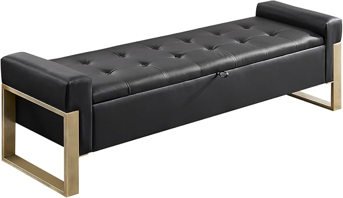 67'' End of Bed Storage Bench, Storage Ottoman Bench for Bedroom King Size, Modern Faux Leather Benches for Foot of Bed with Gold Legs for Window Living Room Entryway, Black