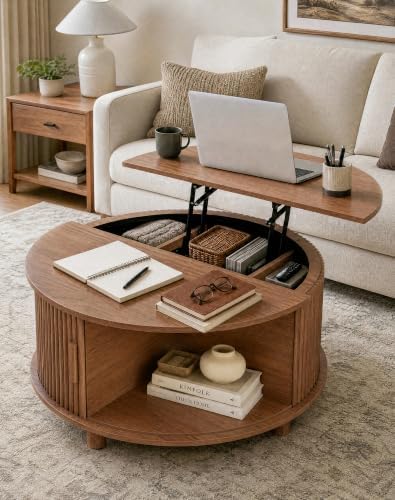 Round Lift Top Coffee Table with Storage for Living Room, Walnut
