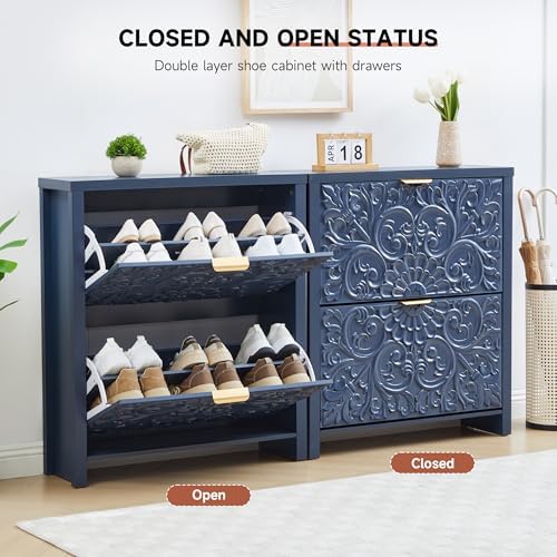 Shoe Cabinet with Flip Drawers, Narrow Shoe Storage Cabinet, 2-Tier Hidden Shoe Organizer with Floral Embossed for Entryway, Mid-Century Modern Slim Shoes Storage for Hallway Foyer (1, Midnight Blue)